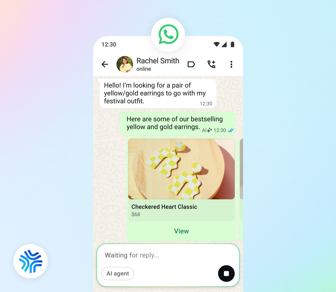 A WhatsApp conversation in which an AI agent recommends products with a catalogue card