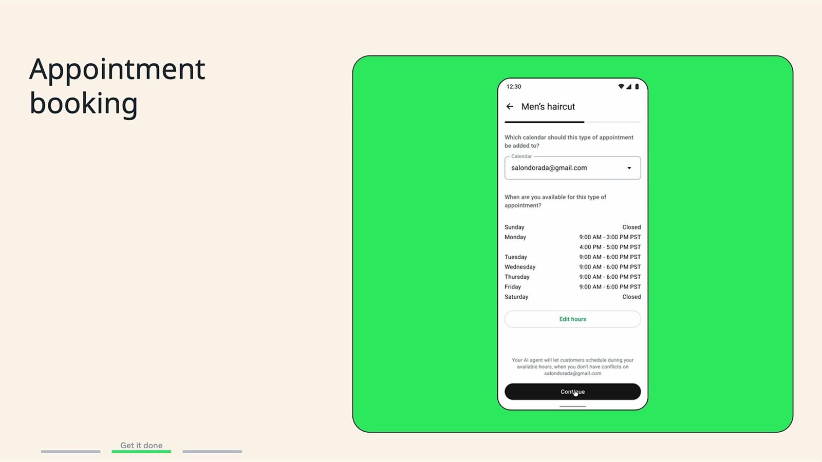 Slide: appointment booking for a men's haircut inside WhatsApp
