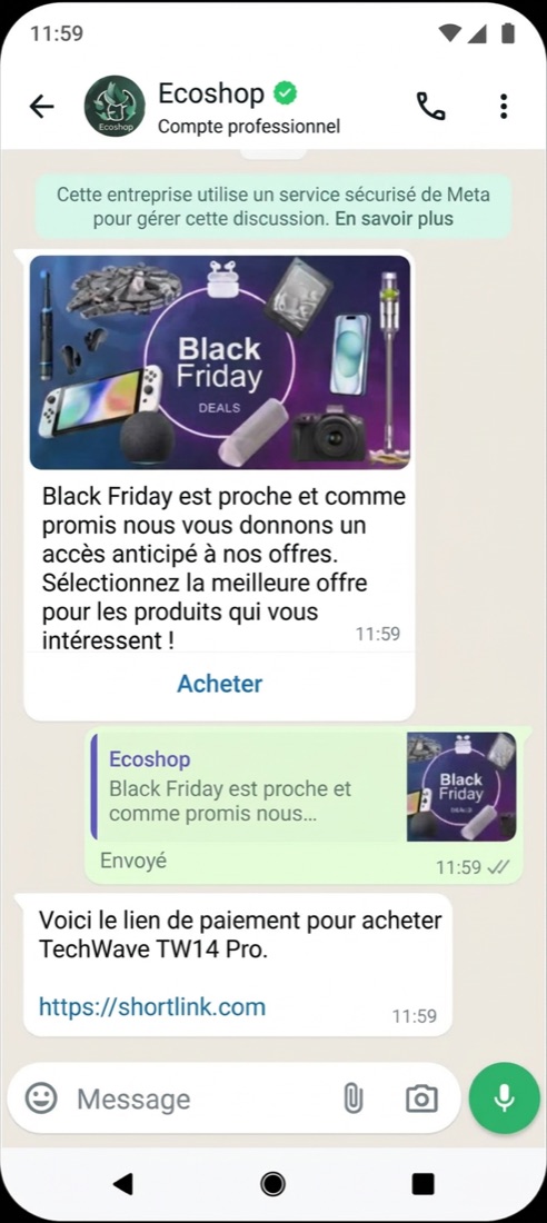 Offre et lien de paiement dans une discussion WhatsApp
