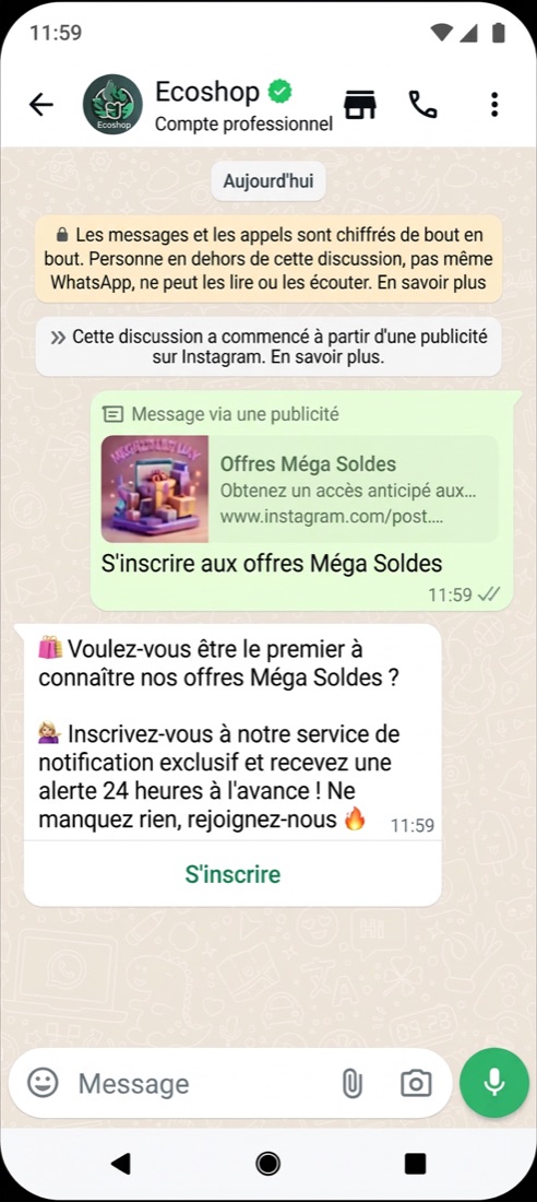 Discussion WhatsApp ouverte depuis une publicité Instagram