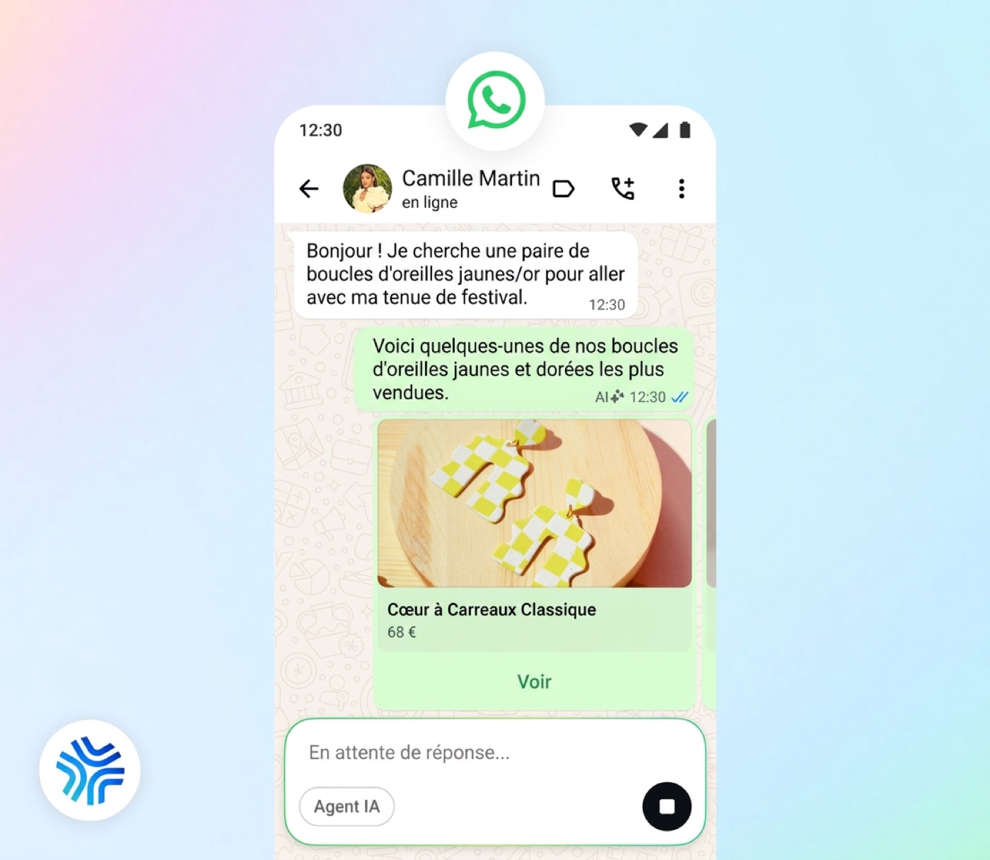 Une conversation WhatsApp où un agent IA recommande des produits avec une fiche catalogue